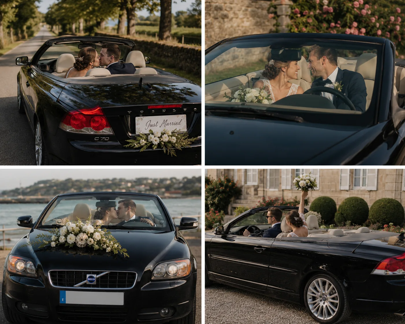 Cabriolet Volvo C70 décoré pour un mariage : fleurs blanches sur le capot et panneau Just Married à l'arrière